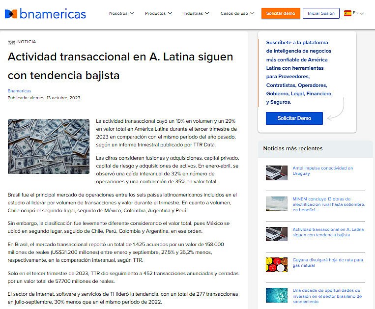 Actividad transaccional en A. Latina siguen con tendencia bajista